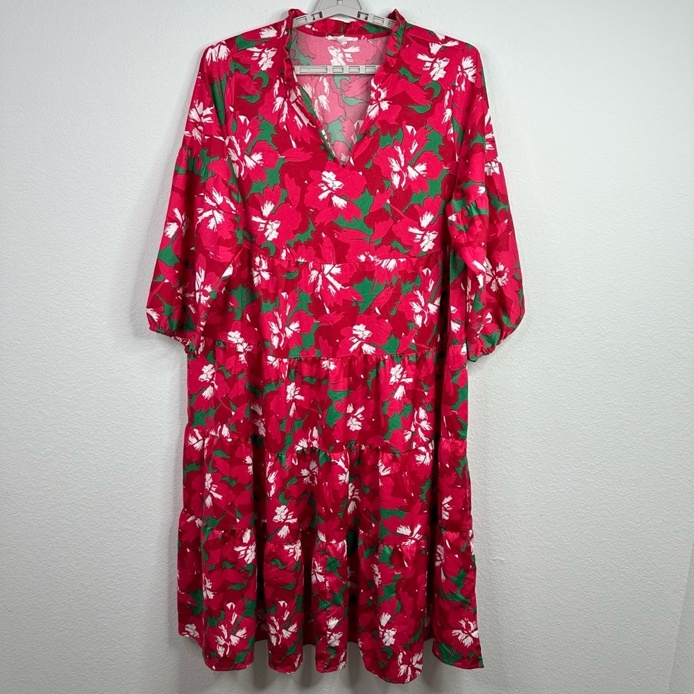 Michelle Mcdowell Dress Womens 2X Red Floral Tiered Vacation Hawaiian Boho Beach